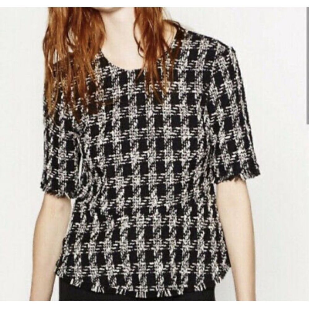 Zara Black White Houndstooth Tweed 3/4 Sleeve Blouse Top Medium